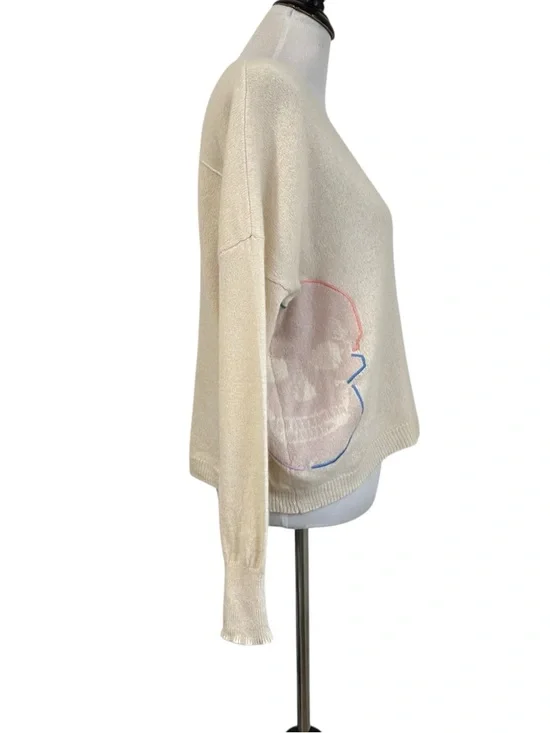 Skull Cashmere Womens Cashmere V Neck Sweater Sz Small Beige Skull Print - Picture 4 of 8